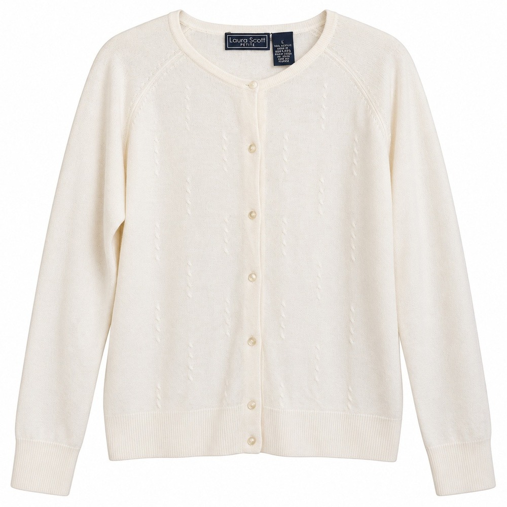 Vintage 90s Laura Scott Petite L Ivory Cardigan Preppy Grandmacore Classic Knit
